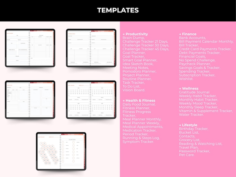 Op de afbeelding: Digitale planner sjablonen weergegeven op tablets. De afbeelding toont verschillende lay-outs voor productiviteit, financi&euml;n, gezondheid en lifestyle tracking. De sjablonen bevatten trackers voor doelen, gewoonten en financi&euml;n. Het woord "TEMPLATES" staat bovenaan.