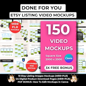 150種類のEtsy出品用動画モックアップ、Canva編集可能テンプレートバンドル、デジタル製品モックアップ、MRR対応ドラッグ＆ドロップアニメーション動画モックアップ - PLR