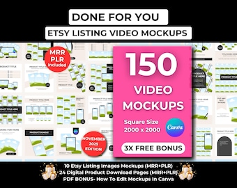 150 Etsy Listing Video Mockups Canva Editable Templates Bundle, Digital Product Mockup, Drag and Drop Animated Video Mockups with MRR - PLR