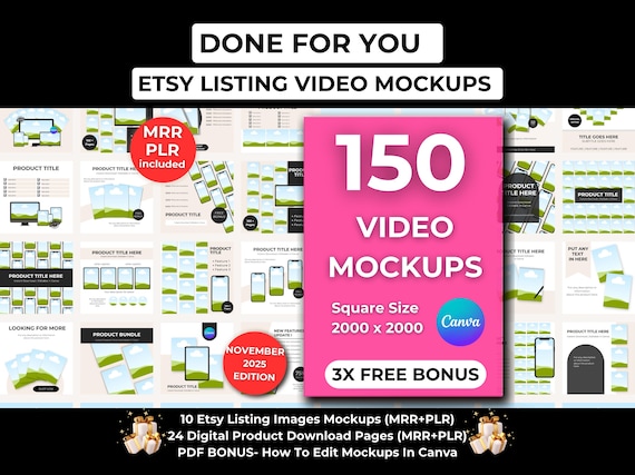 150 Etsy Listing Video Mockups Canva Editable Templates Bundle, Digital Product Mockup, Drag and Drop Animated Video Mockups with MRR - PLR