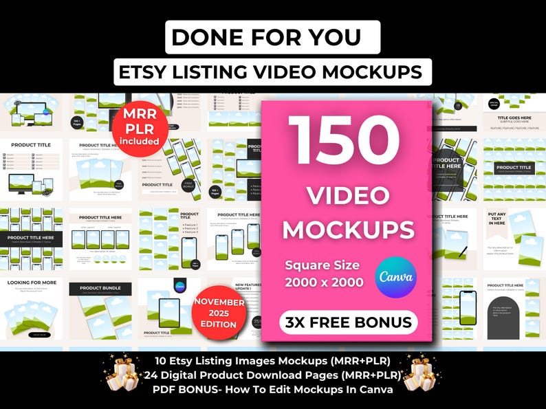 150 Etsy Listing Video Mockups Canva Editable Templates Bundle, Digital Product Mockup, Drag and Drop Animated Video Mockups with MRR - PLR image 1