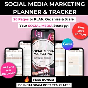 Socialmediamarketingplanner en -tracker met MRR en PLR, Instagram-contentkalender, digitale planner voor sociale media, tracker en organisator