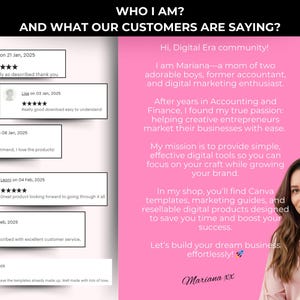 Op de afbeelding: Een promotieafbeelding met de tekst "WIE BEN IK? EN WAT ONZE KLANTEN ZEGGEN?" toont klantrecensies en een foto van een vrouw. De recensies zijn positief en de vrouw lacht, waarmee digitale marketingtools worden gepromoot.