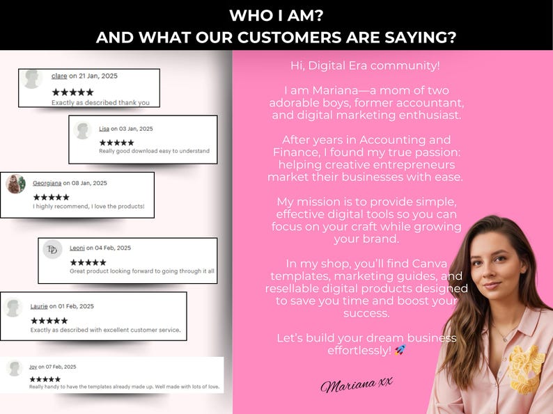 Op de afbeelding: Een promotieafbeelding met de tekst "WIE BEN IK? EN WAT ONZE KLANTEN ZEGGEN?" toont klantrecensies en een foto van een vrouw. De recensies zijn positief en de vrouw lacht, waarmee digitale marketingtools worden gepromoot.