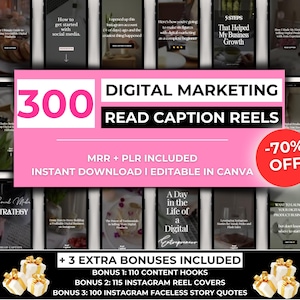 300 Faceless Instagram Reels with Read Caption, DFY Instagram Reels, PLR & MRR Reels, Digital Marketing Hook Videos, Editable Reel Templates