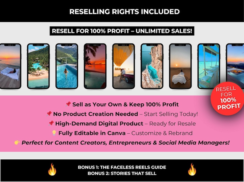 May include: Promotional graphic with the text "Reselling Rights Included" and "Resell for 100% Profit - Unlimited Sales!" Features mockups of smartphones displaying scenic images. Includes text about selling digital products, customization, and bonuses.