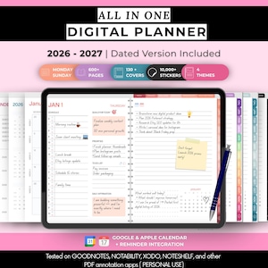 May include: Digital planner for 2026-2027 with a dated version, including 600+ pages, 130 covers, 10,000+ stickers, and 4 themes. The planner is designed for personal use and integrates with Google and Apple Calendar. The image shows a tablet with a pen and calendar pages.