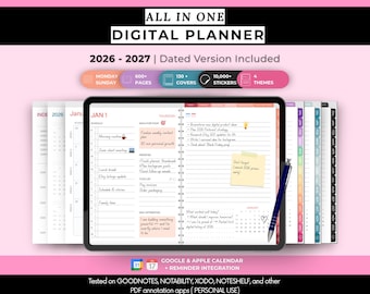 Digitale alles-in-één planner 2026-2027, gedateerde en gelinkte planner voor iPad Android, GoodNotes & Notability Daily Digital Journal Planner