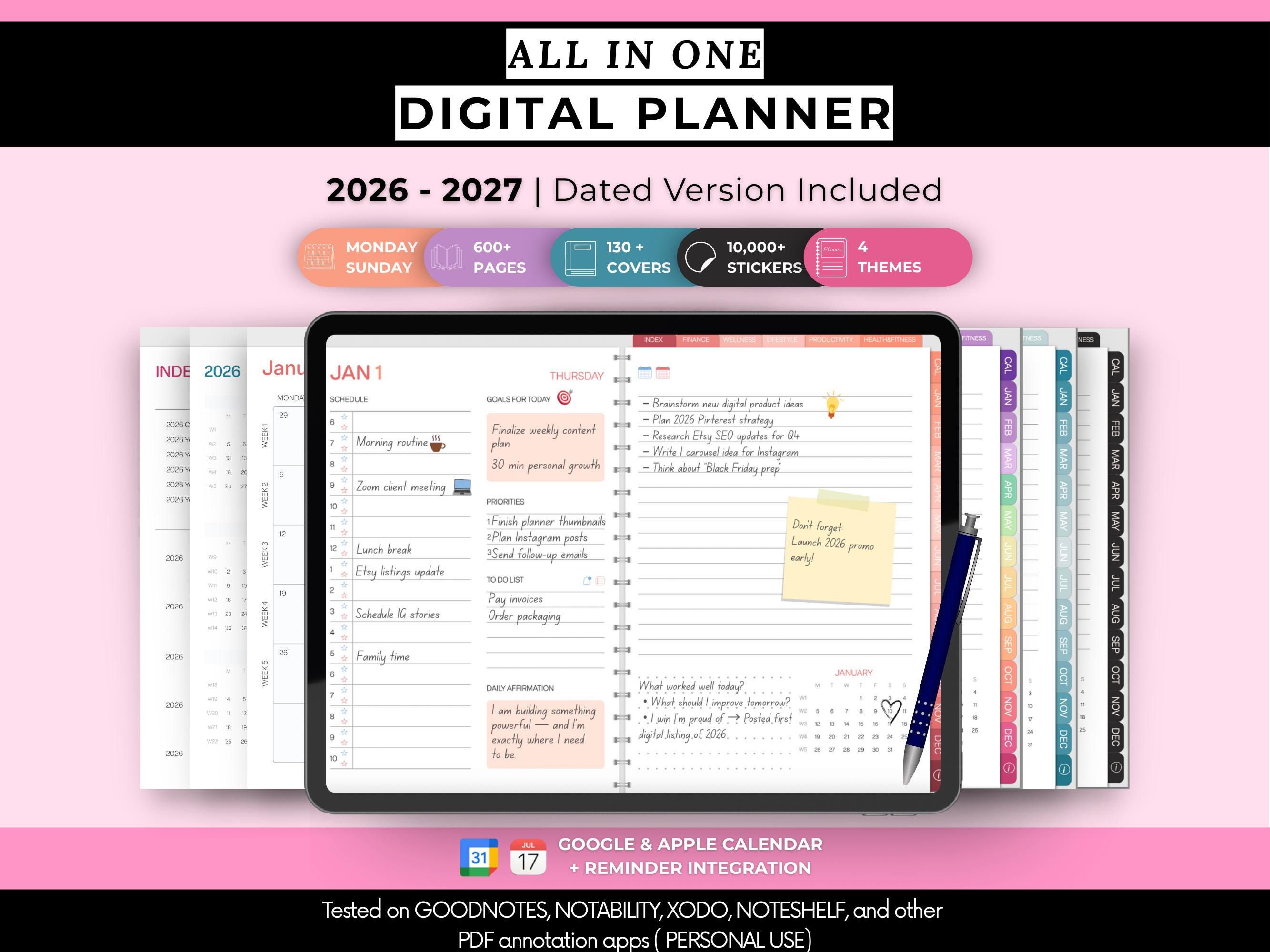 All in One Digital Planner 2026-2027, Dated and Hyperlinked Planner for ...