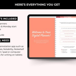 Op de afbeelding: Een digitale planner weergegeven op een tablet. Het scherm toont een koraalkleurige pagina met de tekst "Welcome to Your Digital Planner!". De afbeelding geeft ook weer wat er is inbegrepen: PDF-planners, stickers en covers.