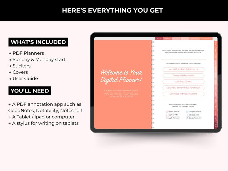 Op de afbeelding: Een digitale planner weergegeven op een tablet. Het scherm toont een koraalkleurige pagina met de tekst "Welcome to Your Digital Planner!". De afbeelding geeft ook weer wat er is inbegrepen: PDF-planners, stickers en covers.