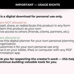 Op de afbeelding: Een digitaal download document met informatie over gebruiksrechten. De tekst stelt dat het product alleen voor persoonlijk gebruik is, met details over wat wel en niet is toegestaan, zoals wederverkoop of delen.