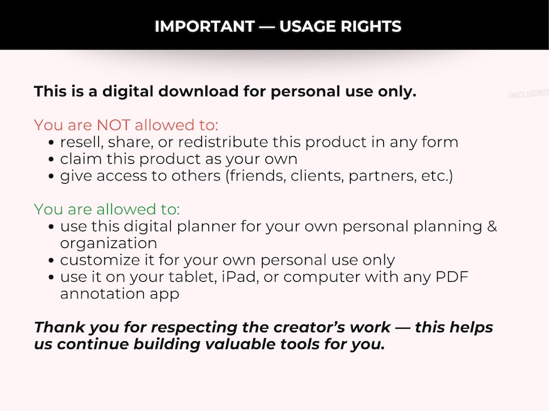 Op de afbeelding: Een digitaal download document met informatie over gebruiksrechten. De tekst stelt dat het product alleen voor persoonlijk gebruik is, met details over wat wel en niet is toegestaan, zoals wederverkoop of delen.
