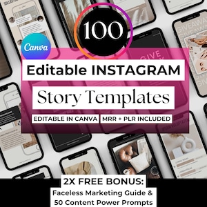 100 modelos editáveis para Stories do Instagram, compatíveis com Canva, com direitos MRR/PLR, prontos para usar e personalizáveis para redes sociais.