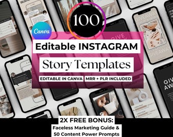 100 Editable Instagram Story Templates, Canva Editable, MRR/PLR Rights, Done-for-You and Customizable IG Templates for Social Media