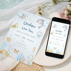 Invitación de cumpleaños con temática marina, invitación imprimible para fiestas infantiles con temática oceánica, diseño unisex, plantilla editable de acuarela con animales marinos UTS01