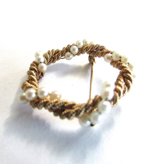 Cultured Pearl Circle Pin Brooch Vintage Gold Fil… - image 3