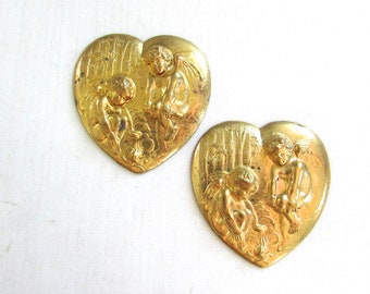 Gilt Metal Cherub Angel Stamping Heart Gold Tone Vintage Repousse