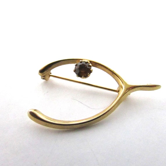 Topaz Rhinestone Wishbone Pin Brooch Vintage Gold… - image 1