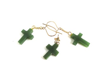 Jadeite Mini Cross Charm Set Earrings Necklace Assemblage Jewelry Supply Gemstone