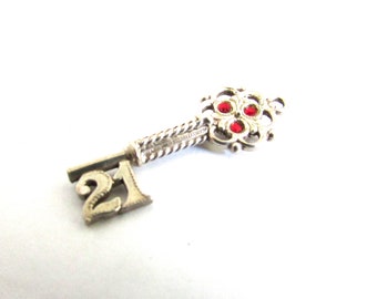 21 Skeleton Key Charm Pendant Vintage Sterling Silver Ruby Paste Pendant