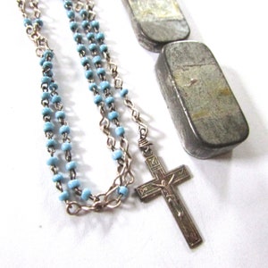 Reliquary Mini Rosary Beads Miniature Box Vintage Rosaries Religious Medals Blue