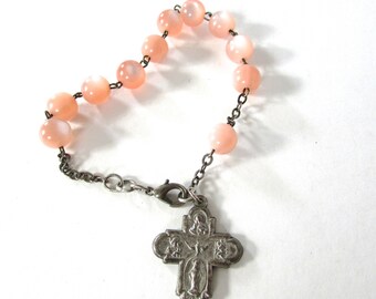 Pink Moonglow Rosary Bead Chaplet Bracelet 4 Way Medal Vintage Rosaries Religious