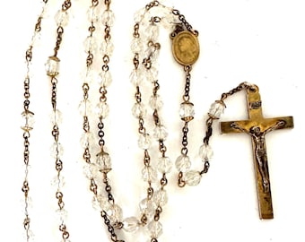 Rosario relleno de oro con cuentas de cristal transparente y crucifijo, medalla religiosa vintage
