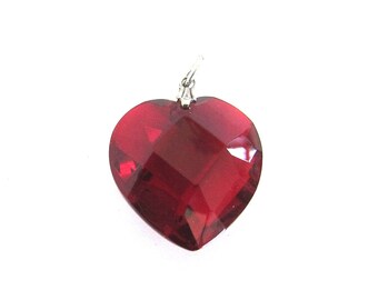 Ruby Glass Puffy Heart Charm Silver Tone Vintage Assemblage Jewelry Supply Valentines Day