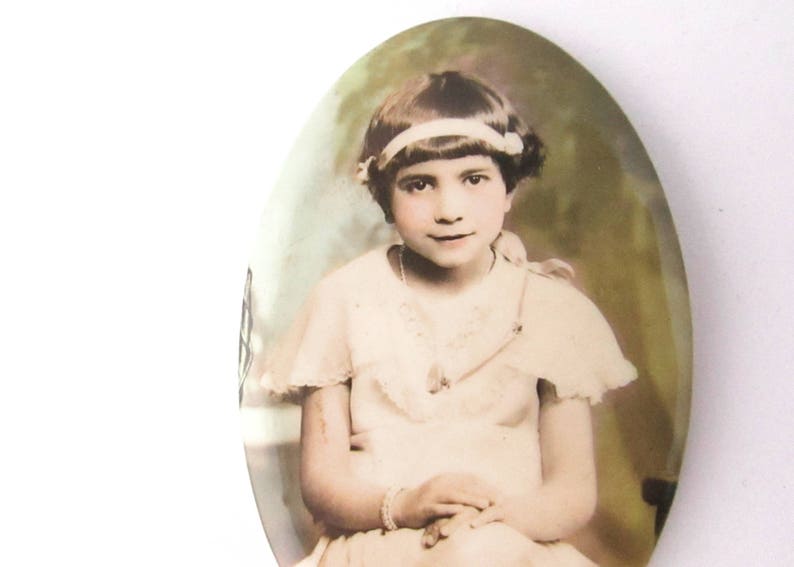 Vintage Celluloid Photo Pocket Mirror Purse Art Deco Colorized Young Lady Child Girl image 3