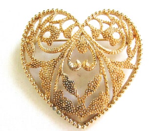 Gold Tone Heart Brooch Florentine Vintage Large Supply