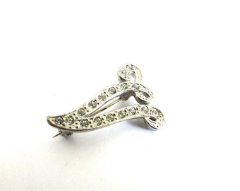 Pave Rhinestone Initial Pin Brooch V Letter Script Uppercase Vintage Art Deco