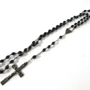 Black Ebony Rosary Beads Silver Tone Crucifix Cross Vintage Rosaries Religious Medal