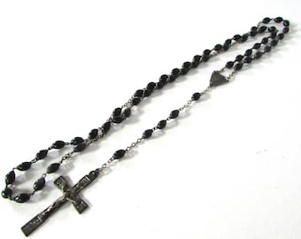 Black Ebony Rosary Beads Silver Tone Crucifix Cross Vintage Rosaries Religious Medal