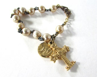 Glass Pearl  Bead Chaplet Bracelet Cross Immaculate Medal Vintage Rosary Religious