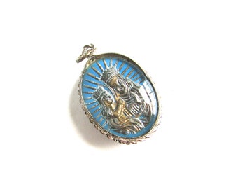 French Saint Ann Medal Bubble Charm Mercury Glass Religious Saint Anne Beaupré Under Glass Blue