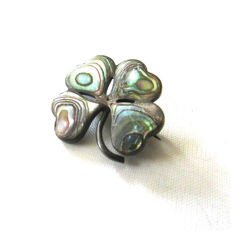 Abalone Sterling Clover Shamrock Pin Brooch Victorian 4 Leaf