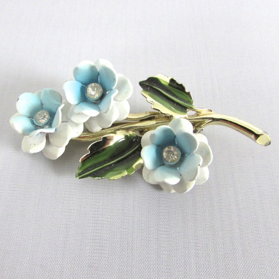 Enamel Blue White Flower Pin Brooch Rhinestone Sp… - image 5