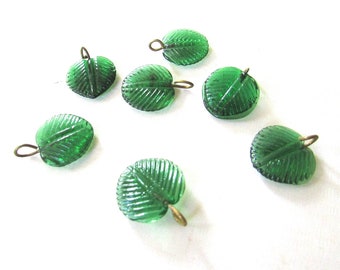 Green Leaves Leaf Charms Glass Findings Vintage Haskell Type Assemblage Jewelry Supply