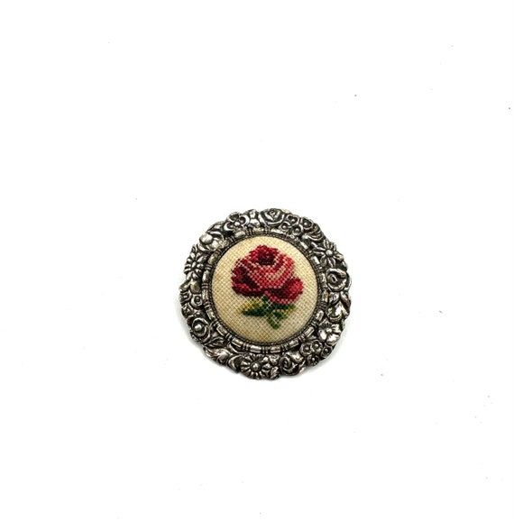 Vintage Needlepoint Floral Pin Brooch  Rose Petit… - image 1