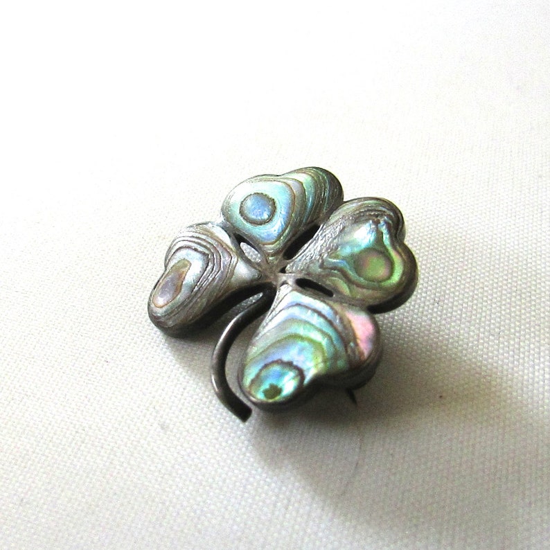 Abalone Sterling Clover Shamrock Pin Brooch Victorian 4 Leaf