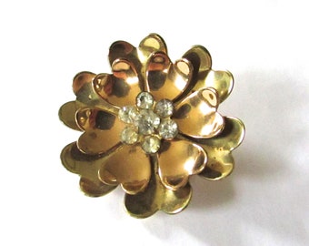 Coro Flower Brooch Pendant Gold Tone Rhinestone Vintage