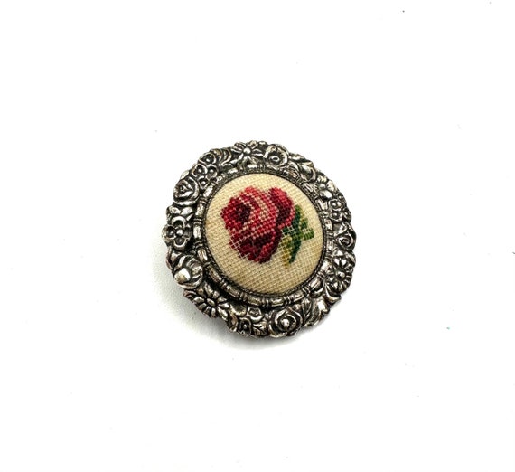 Vintage Needlepoint Floral Pin Brooch  Rose Petit… - image 2