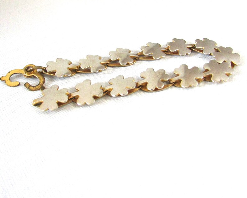 Vintage Gold Silver Tone Shamrock Clover Link Bracelet