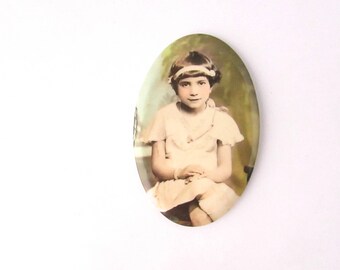 Vintage Celluloid Photo Pocket Mirror Purse Art Deco Colorized Young Lady Child Girl