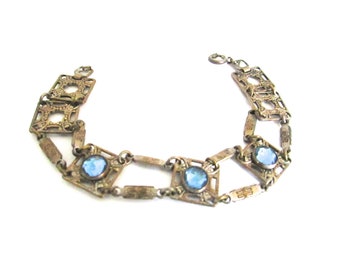 Vintage Blue Vauxhall Glass Link Bracelet Jewelry Supply