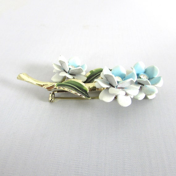 Enamel Blue White Flower Pin Brooch Rhinestone Sp… - image 3