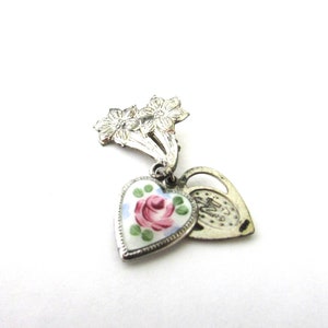 Sterling Enamel Heart Miraculous Medal Slide Locket Pin Guilloche Sacred Heart Lily Brooch