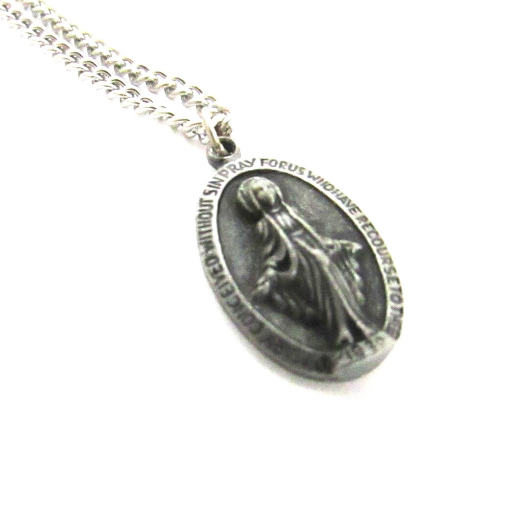 Mary Miraculous Medal Necklace Catholic Religious Silver Tone Vintage ...