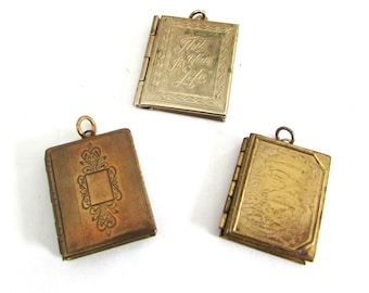 Vintage Brass Book Photo Locket Etched Makers Lot 3 Pc